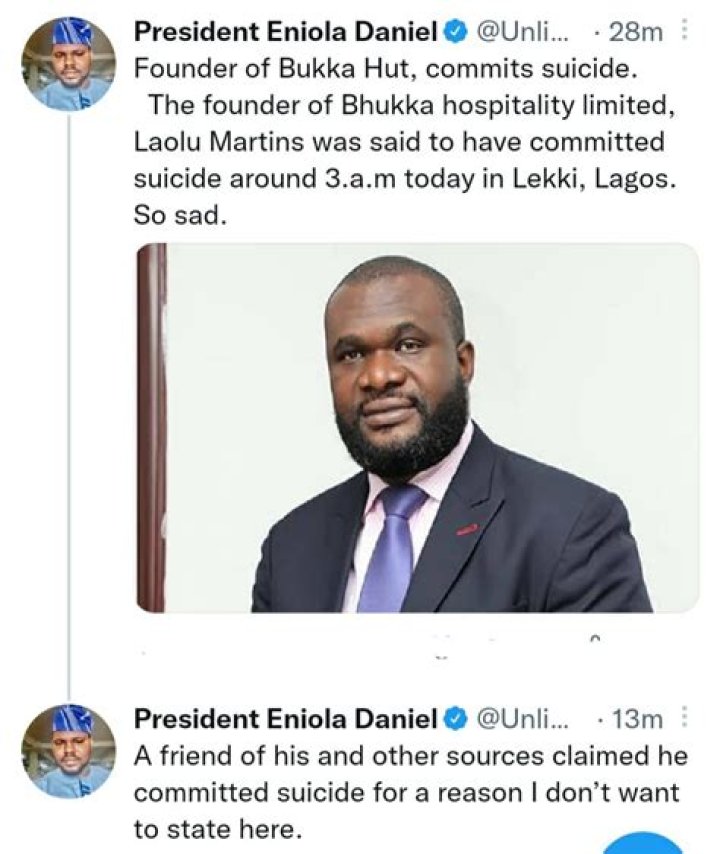 
Co-founder Of Bukka Hut, Laolu Martins Reportedly Commits Suicide 